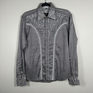 TNT Large Gray Metallic Stripe Embellished‎ Linen Long Sleeve Button Up Shirt